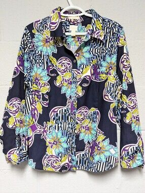 Chicos 2 Wrinkle Free Blouse Size L Roll Tab Sleeves Floral Print